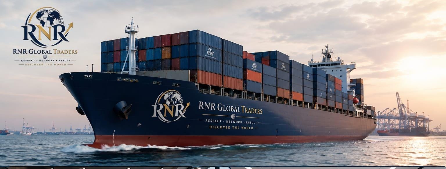 RNR Global Traders branded container vessel at sunset, with shipping containers, ocean and port cranes